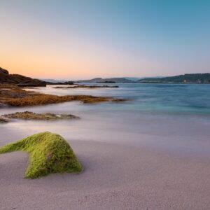 beach, galicia, ria, aldán, algae, rocks, sea, sunset, nature, sand, calm down, paradise, meditation, summer, ethereal, darling, costa, the water, stone, seafood, peaceful, blue hour, mussels, reflection, mindfulness, rías baixas