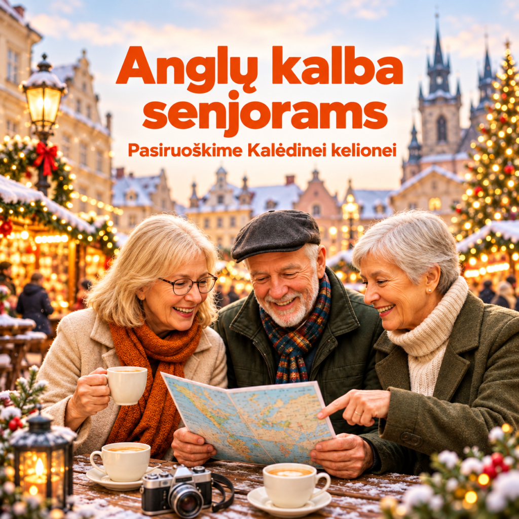 Trys senjorai su kelionės žemėlapiu kalėdiniame miestelyje. Anglų kalba senjorams – pasiruoškime Kalėdinei kelionei.