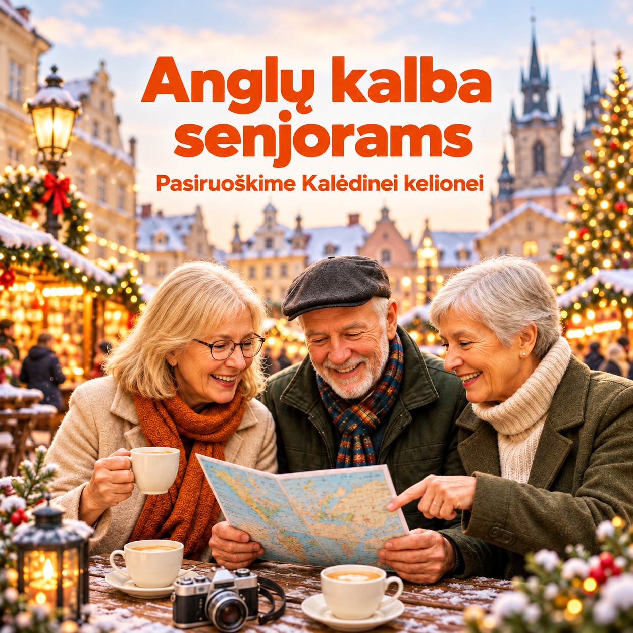 Trys senjorai su kelionės žemėlapiu kalėdiniame miestelyje. Anglų kalba senjorams – pasiruoškime Kalėdinei kelionei.